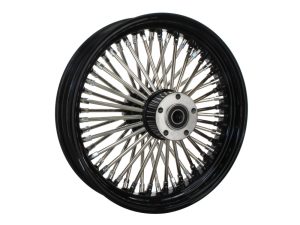 Spoked motorcycle wheel with black rim and metal spokes.