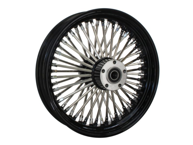 Spoked motorcycle wheel with black rim and metal spokes.