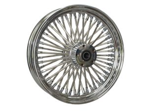 Shiny chrome motorcycle wire-spoke wheel for custom bikes.