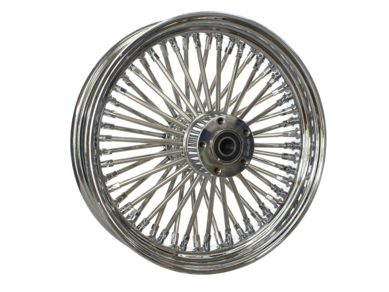 16in. x 3.5in. Mammoth Fat Spoke Rear Wheel - Chrome. Fits Softail 2011up. Shiny chrome motorcycle wire-spoke wheel for custom bikes.