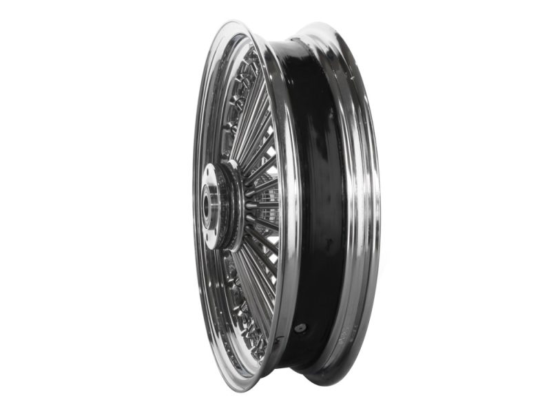Classic chrome motorcycle wirespoke wheel for Revelry Motorcycles.