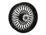 Black motorcycle wheel with spokes for Harley Davidson bike parts.