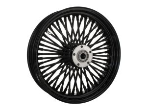 Black motorcycle wheel with spokes for Harley Davidson bike parts.