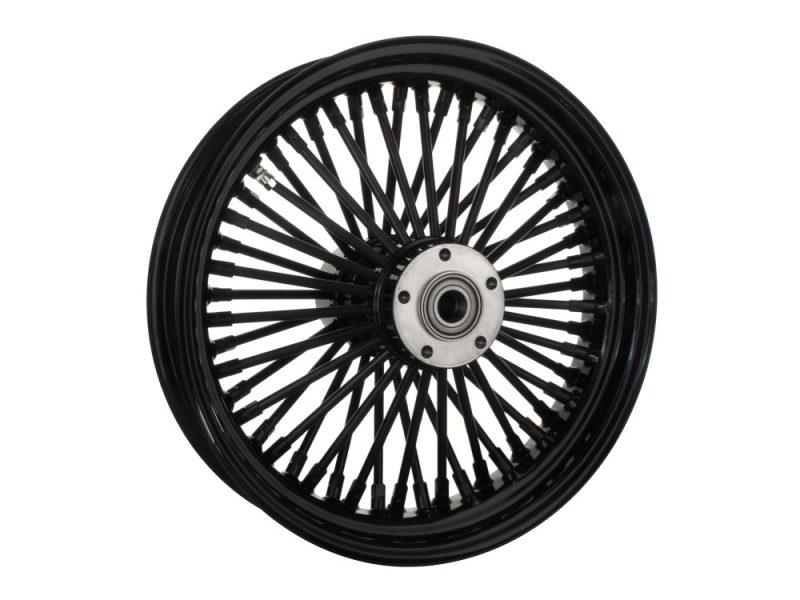 Black motorcycle wheel with spokes for Harley Davidson bike parts.