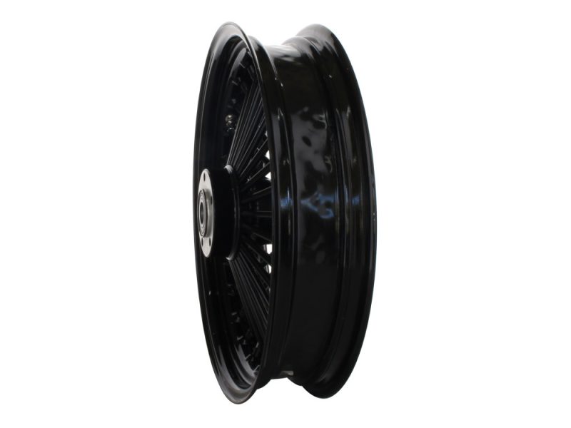 High-performance black motorcycle spoked wheel for Revelry Motorcycles Australia.