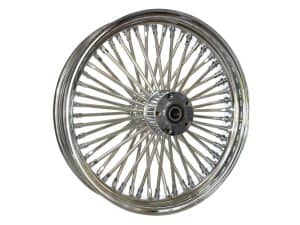 Shiny motorcycle wheel with spokes, perfect for custom bike builds.