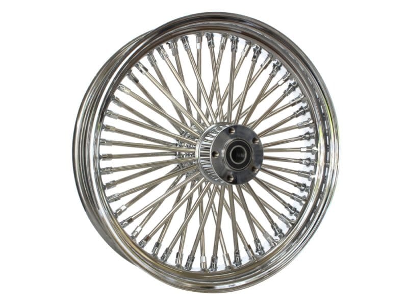 18in. x 3.5in. Mammoth Fat Spoke Rear Wheel - Chrome. Fits Softail 2000-2007 Shiny motorcycle wheel with spokes, perfect for custom bike builds.