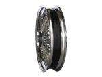 Shiny chrome motorcycle wheel with black sidewall tyre for custom Revelry Motorcycles.