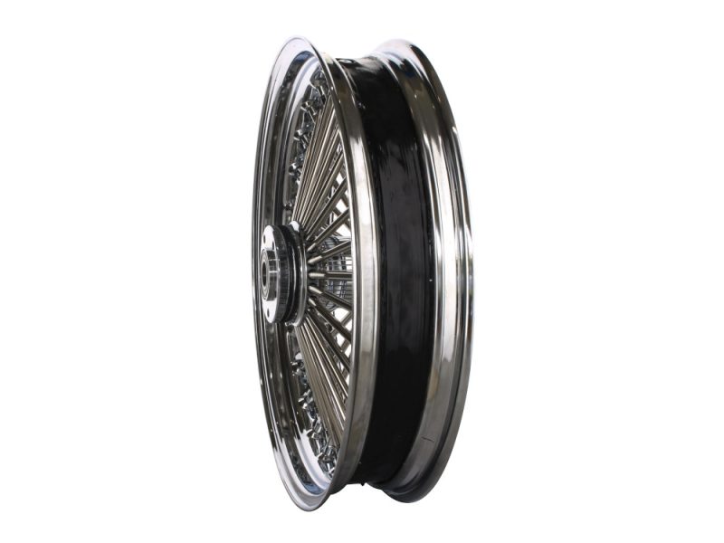 Shiny chrome motorcycle wheel with black sidewall tyre for custom Revelry Motorcycles.