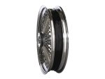 Vintage motorcycle wheel with chrome spokes and black rim for custom bikes.