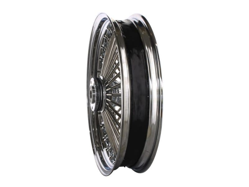 Vintage motorcycle wheel with chrome spokes and black rim for custom bikes.