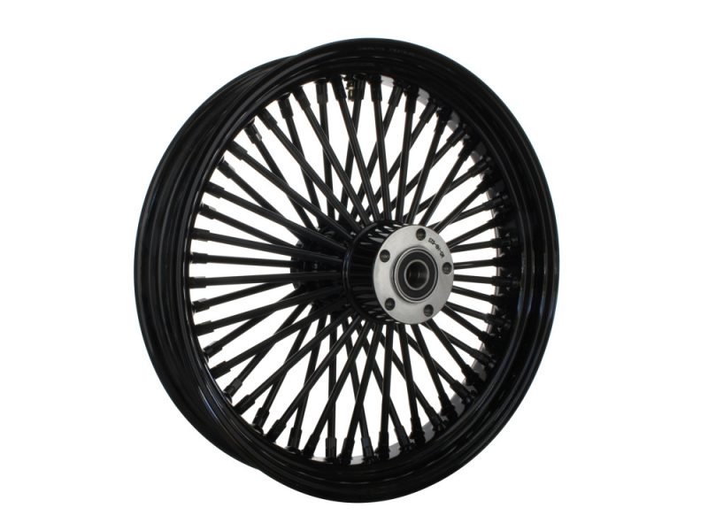 High-performance black motorcycle wheel for Revelry Motorcycles.