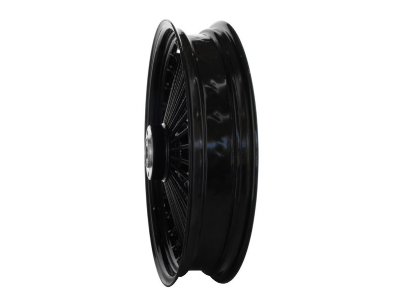 High-performance black motorcycle wheel for custom bikes and restorations.