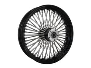 High-performance motorcycle wheel with black rim and chrome spokes for enhanced riding experience.