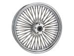 Shiny chrome motorcycle wheel with wire spokes, perfect for custom bikes.