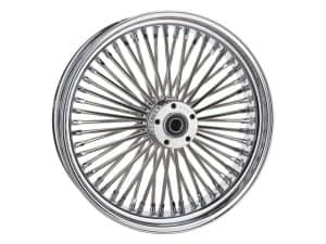 Shiny chrome motorcycle wheel with wire spokes, perfect for custom bikes.