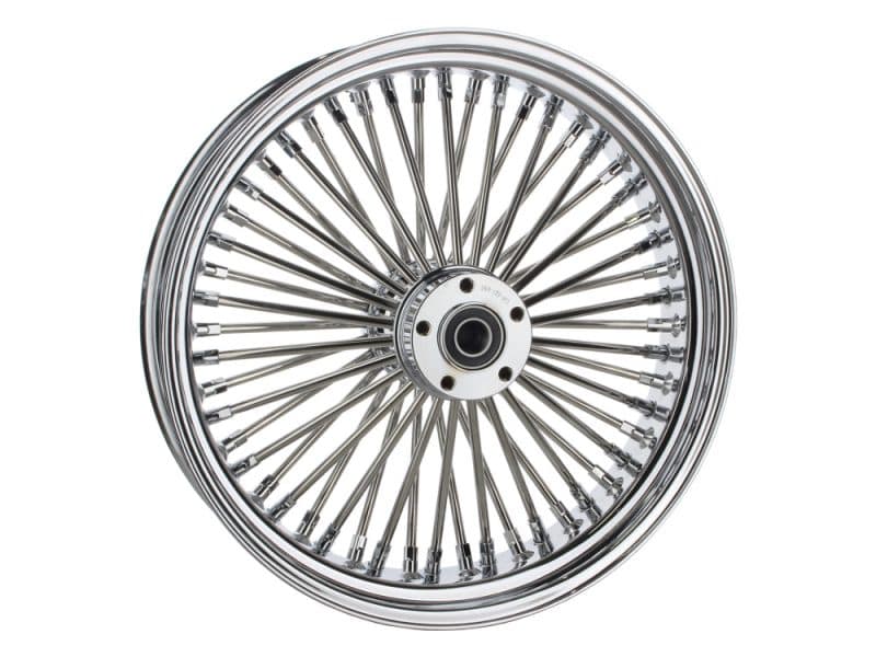 Shiny chrome motorcycle wheel with wire spokes, perfect for custom bikes.