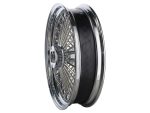 Polished chrome motorcycle wheel with spokes for Harley Davidson cruiser bikes.