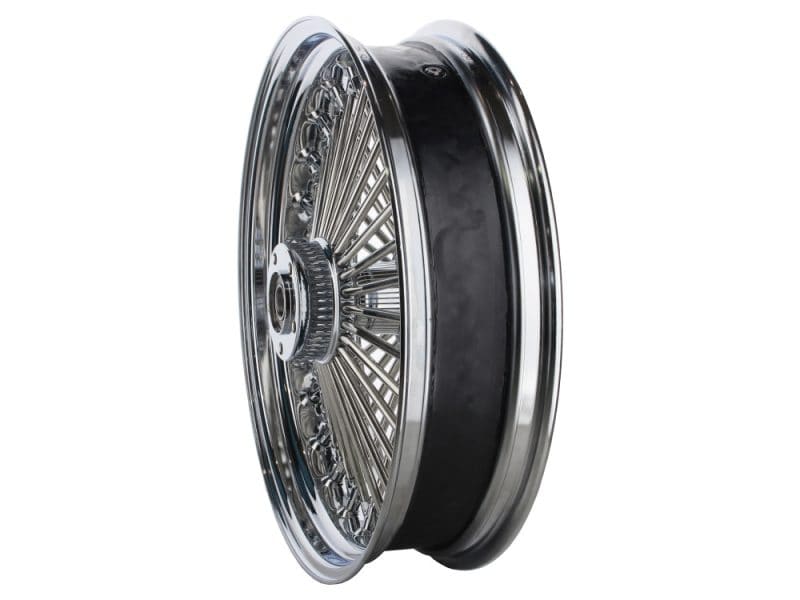 Polished chrome motorcycle wheel with spokes for Harley Davidson cruiser bikes.