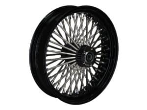 High-performance motorcycle wheel with black rim and chrome spokes for Revelry Motorcycles.