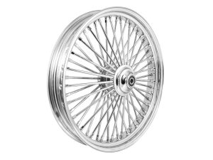 Shiny chrome motorcycle wire-spoke wheel with central hub.