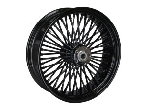 Black motorcycle spoked wheel for vintage and custom bikes.