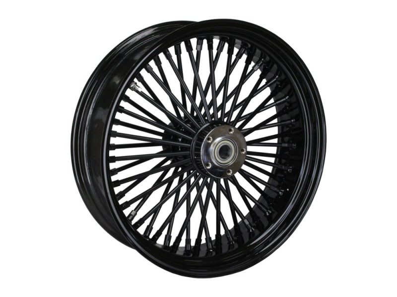 Black motorcycle spoked wheel for vintage and custom bikes.
