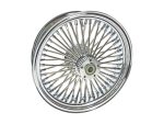 Polished chrome motorcycle wire-spoke wheel for custom Revelry Motorcycles builds.