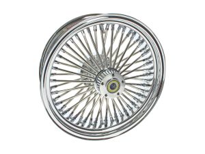 Polished chrome motorcycle wire-spoke wheel for custom Revelry Motorcycles builds.