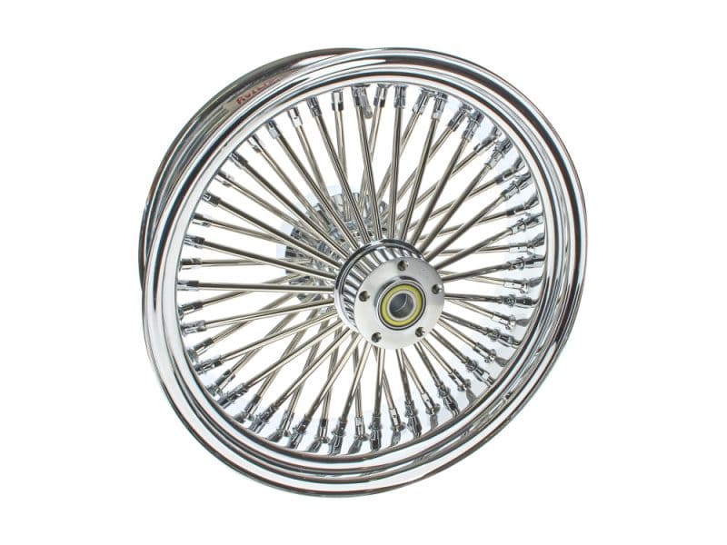 18in. x 5.5in. Mammoth Fat Spoke Rear Wheel - Chrome. Fits Touring 2009up with ABS & Cush Drive. Polished chrome motorcycle wire-spoke wheel for custom Revelry Motorcycles builds.