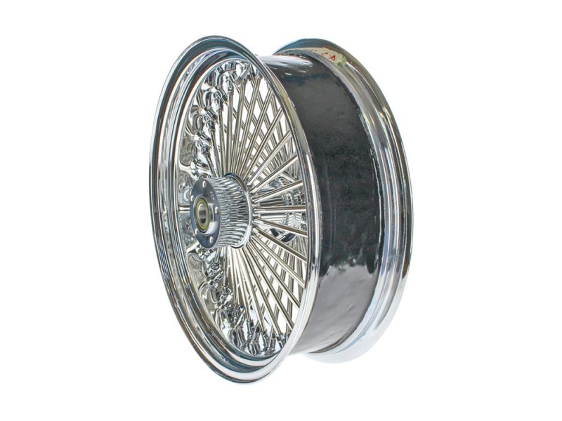Shiny motorcycle wire-spoke wheel with bearing detail.