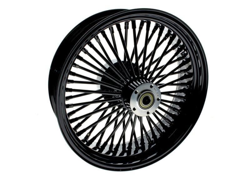 High-quality black motorcycle wheel with spoked rim for Revelry Motorcycles Australia.