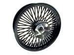 Black motorcycle wheel with spoked rim and chrome hub, ideal for custom bike builds.