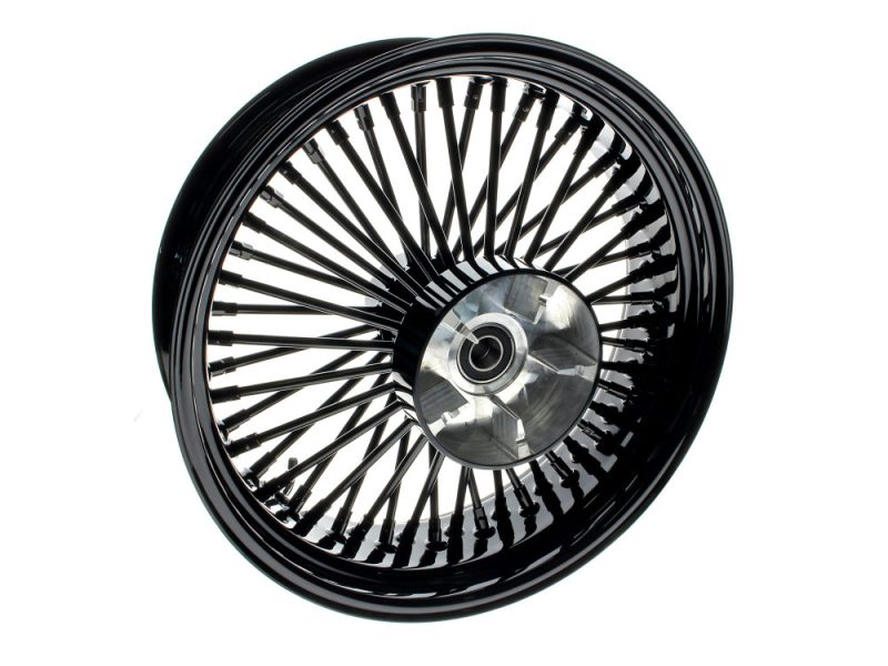 High-performance motorcycle wheel with black rim and metal hub, ideal for custom bikes.