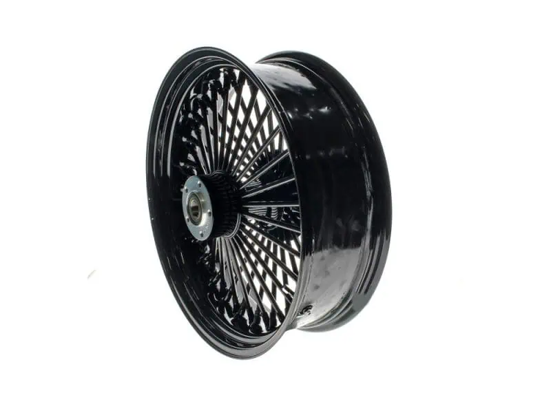 High-performance black motorcycle wheel with spokes for Harley Davidson bikes.