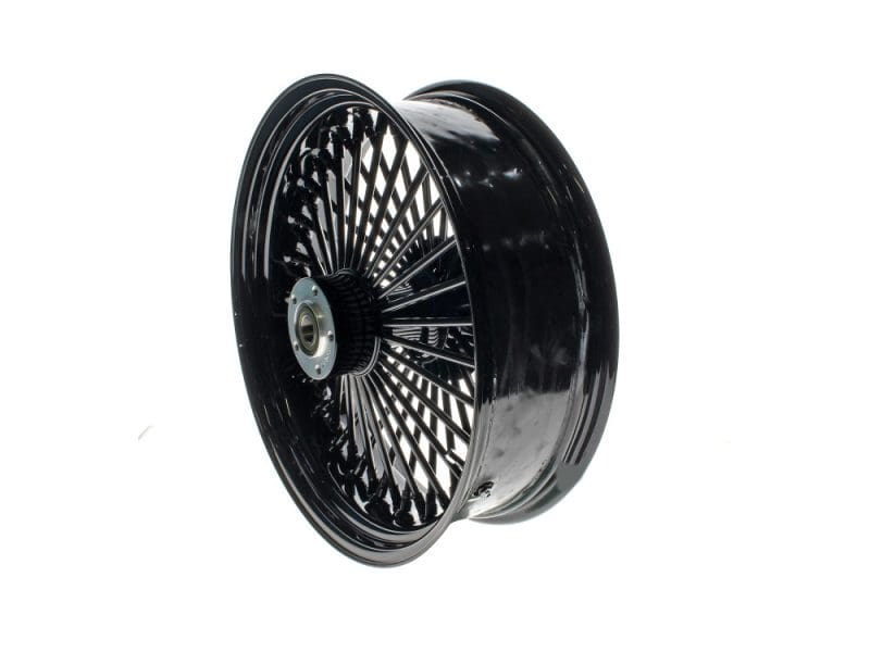 High-performance motorcycle wheel with black finish, suitable for custom and vintage motorcycle builds.