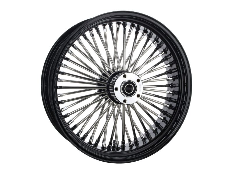 18in. x 5.5in. Mammoth Fat Spoke Rear Wheel - Gloss Black & Chrome. Fits Touring 2009up with ABS & Cush Drive. High-quality motorcycle spoked wheel for custom Revelry Motorcycles builds in Australia.