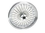 Shiny chrome wire-spoke motorcycle wheel for classic bike restoration.