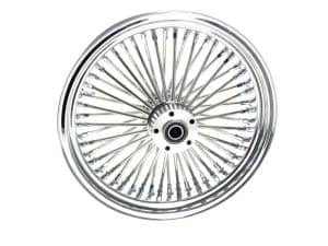 Shiny chrome wire-spoke motorcycle wheel for classic bike restoration.