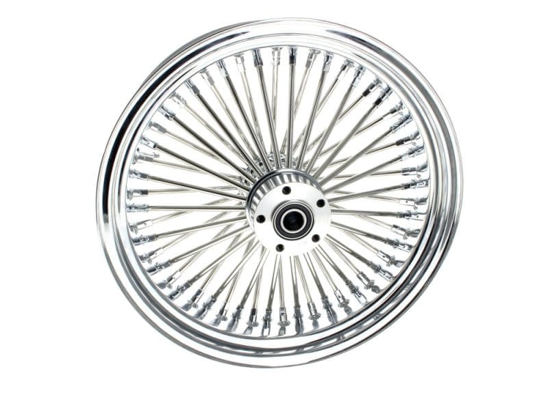Shiny chrome wire-spoke motorcycle wheel for classic bike restoration.