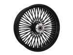 Black spoked motorcycle wheel for custom motorcycle builds and repairs.