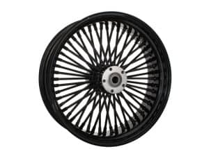 Black spoked motorcycle wheel for custom motorcycle builds and repairs.