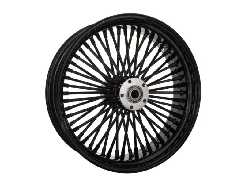 18in. x 5.5in. Mammoth Fat Spoke Rear Wheel - Gloss Black. Fits Softail 2008up. Black spoked motorcycle wheel for custom motorcycle builds and repairs.