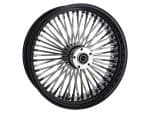 High-quality motorcycle wheel with chrome spokes and black rim for vintage or custom bikes.