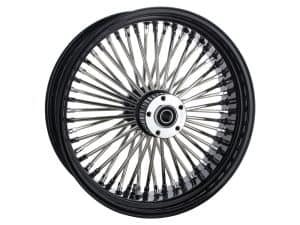 High-quality motorcycle wheel with chrome spokes and black rim for vintage or custom bikes.