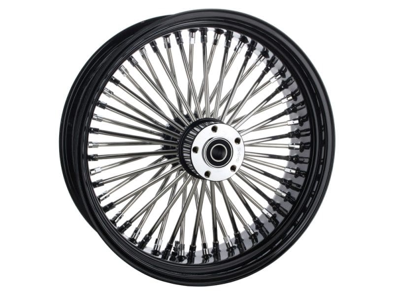 18in. x 5.5in. Mammoth Fat Spoke Rear Wheel - Gloss Black & Chrome. Fits Softail 2008up. High-quality motorcycle wheel with chrome spokes and black rim for vintage or custom bikes.