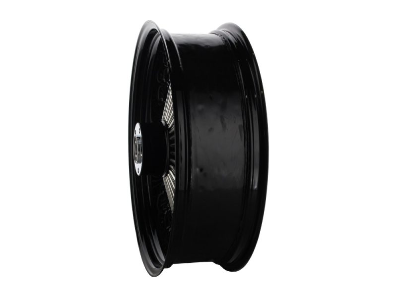 Black motorcycle wheel, high-performance bike rim for custom Revelry Motorcycles Australia.