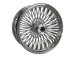 Stainless steel spoked motorcycle wheel for Harley Davidson and custom bikes.