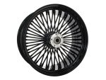 Black wire-spoked motorcycle wheel for Harley Davidson.