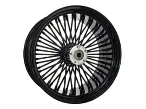 Black wire-spoked motorcycle wheel for Harley Davidson.